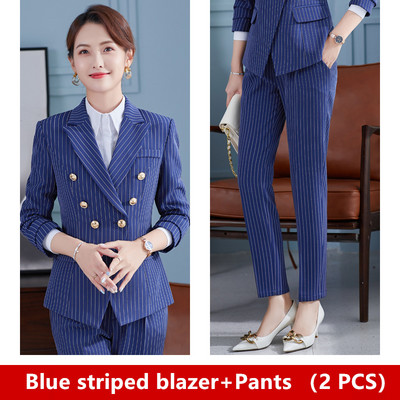 Trend pentru femei. Cele mai noi 2021. Jachetă elegantă, de designer, pentru femei, cu nasturi de fier, la două piept. Blazer clasic cu dungi albastre