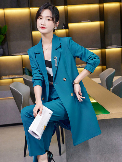 Zima Jesen Ženska radna poslovna odjeća Odijelo s hlačama Ženska žuta kaki plava duga jakna i svečani komplet hlača od 2 komada