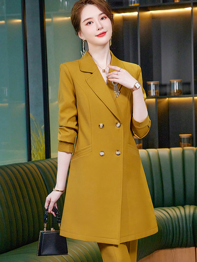 Zima Jesen Ženska radna poslovna odjeća Odijelo s hlačama Ženska žuta kaki plava duga jakna i svečani komplet hlača od 2 komada