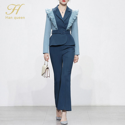 H Han Queen Ocupație Toamnă Iarnă Costume 2 piese Femei 2022 Blazer elegant contrastant și pantaloni simpli Coreean OL Casual Set de lucru