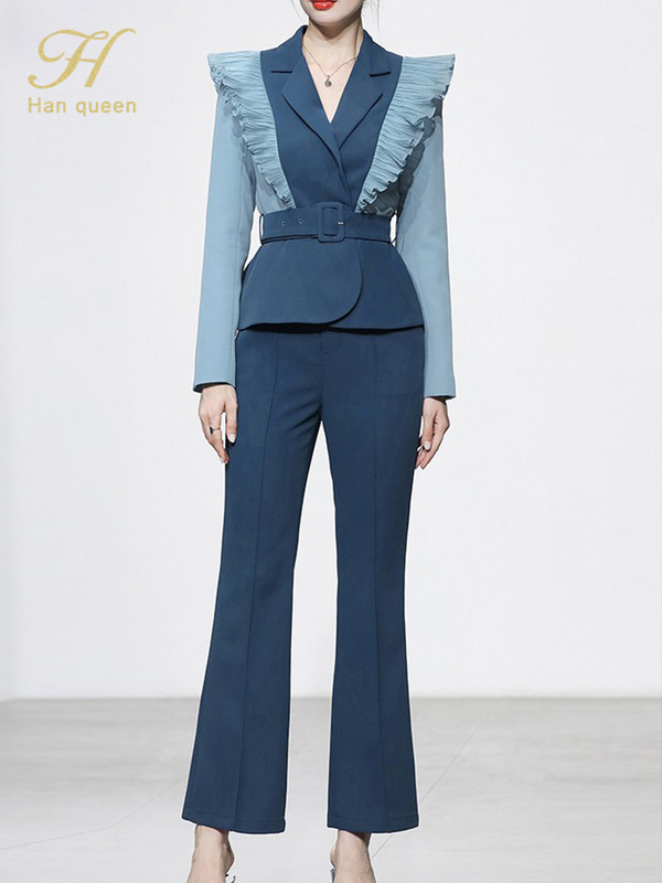 H Han Queen Ocupație Toamnă Iarnă Costume 2 piese Femei 2022 Blazer elegant contrastant și pantaloni simpli Coreean OL Casual Set de lucru