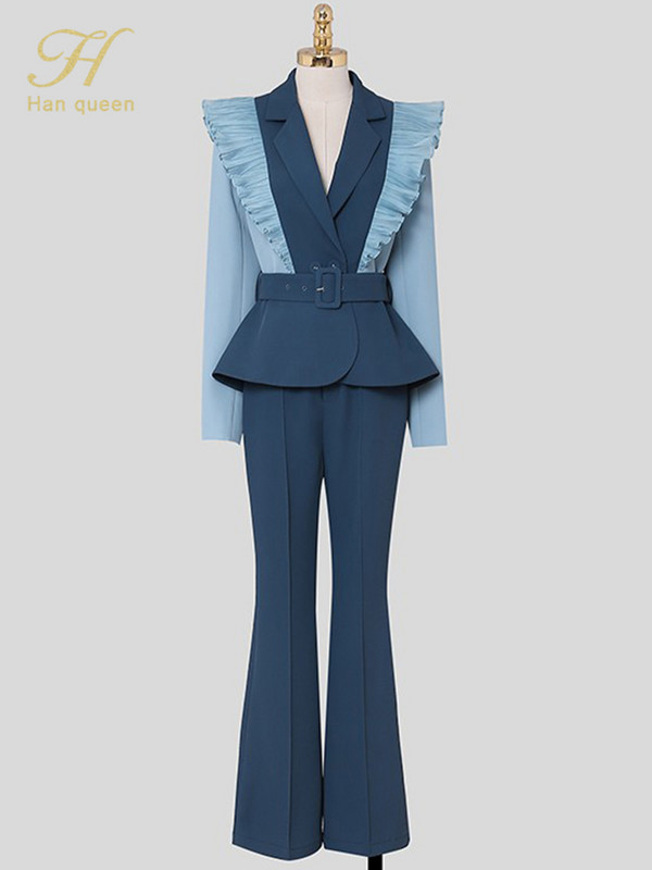 H Han Queen Ocupație Toamnă Iarnă Costume 2 piese Femei 2022 Blazer elegant contrastant și pantaloni simpli Coreean OL Casual Set de lucru