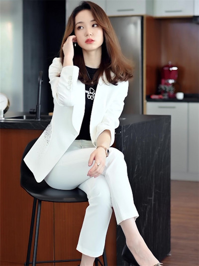 Γυναικείο Σετ μπλέιζερ Diamond Fashion Κοστούμι γραφείου Παντελόνι Απλό μονόχρωμο γιακά μακρυμάνικο μπουφάν + παντελόνι 2 τεμάχια σετ στολή