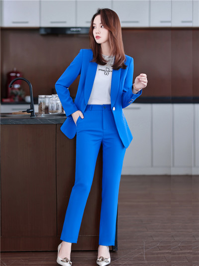 Γυναικείο Σετ μπλέιζερ Diamond Fashion Κοστούμι γραφείου Παντελόνι Απλό μονόχρωμο γιακά μακρυμάνικο μπουφάν + παντελόνι 2 τεμάχια σετ στολή