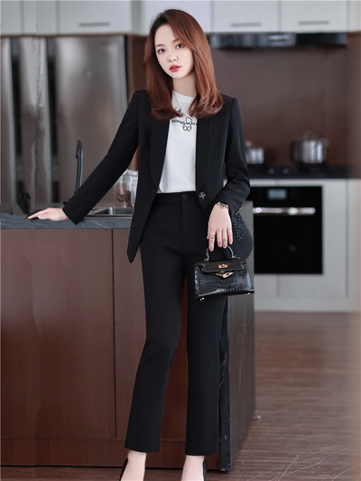 Γυναικείο Σετ μπλέιζερ Diamond Fashion Κοστούμι γραφείου Παντελόνι Απλό μονόχρωμο γιακά μακρυμάνικο μπουφάν + παντελόνι 2 τεμάχια σετ στολή