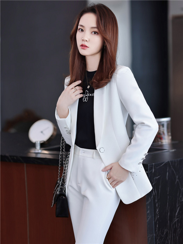 Γυναικείο Σετ μπλέιζερ Diamond Fashion Κοστούμι γραφείου Παντελόνι Απλό μονόχρωμο γιακά μακρυμάνικο μπουφάν + παντελόνι 2 τεμάχια σετ στολή