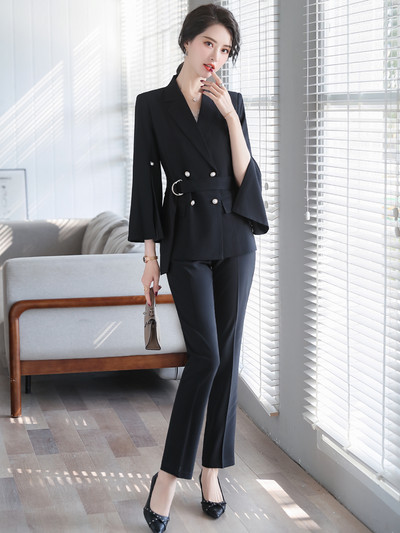 Costum cu pantaloni de damă vara 2021 Set 2 piese pentru femei Set cu bretele dublu cu mâneci evazate Blazer Pantaloni Costum elegant pentru damă de birou