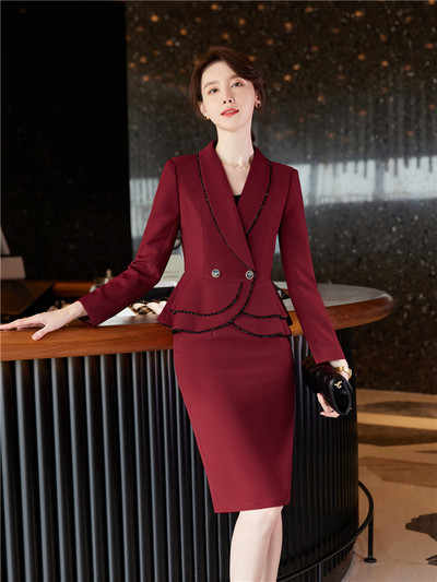 Naiste pükskostüüm Sügis 2022 Kontori naiste elegantsed bleiseriga püksid, 2 osa komplekti Naiste veinipunase jakiga pükskostüümid