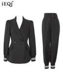 IEQJ 20232 Costume cu pantaloni noi Blazer cu mânecă lungă, cu curea, pantaloni lungi, costum de birou, haine de lucru, set 2 piese, set pentru femei 3W6609