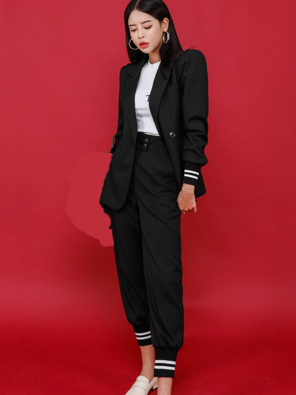 IEQJ 20232 Costume cu pantaloni noi Blazer cu mânecă lungă, cu curea, pantaloni lungi, costum de birou, haine de lucru, set 2 piese, set pentru femei 3W6609