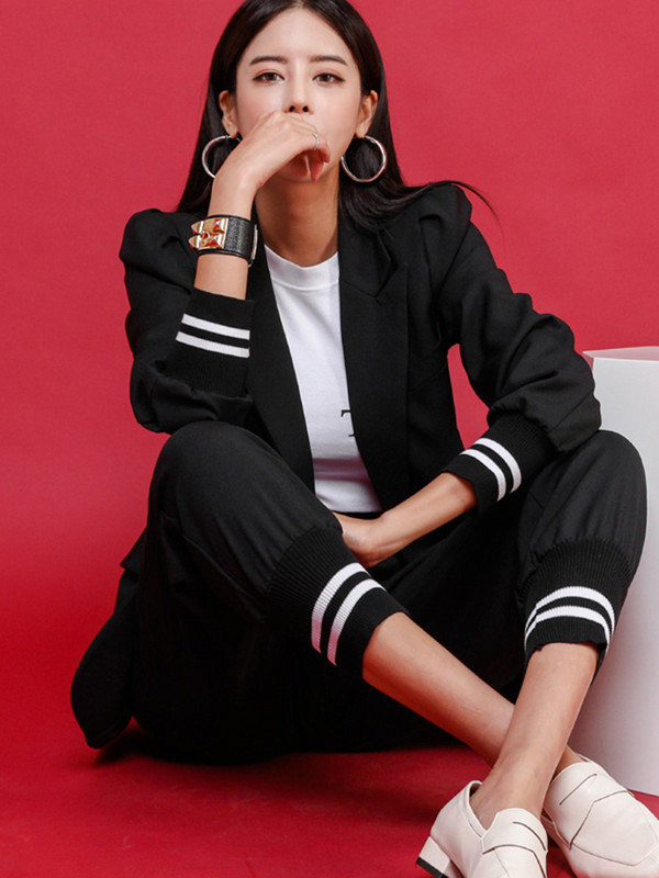 IEQJ 20232 Costume cu pantaloni noi Blazer cu mânecă lungă, cu curea, pantaloni lungi, costum de birou, haine de lucru, set 2 piese, set pentru femei 3W6609