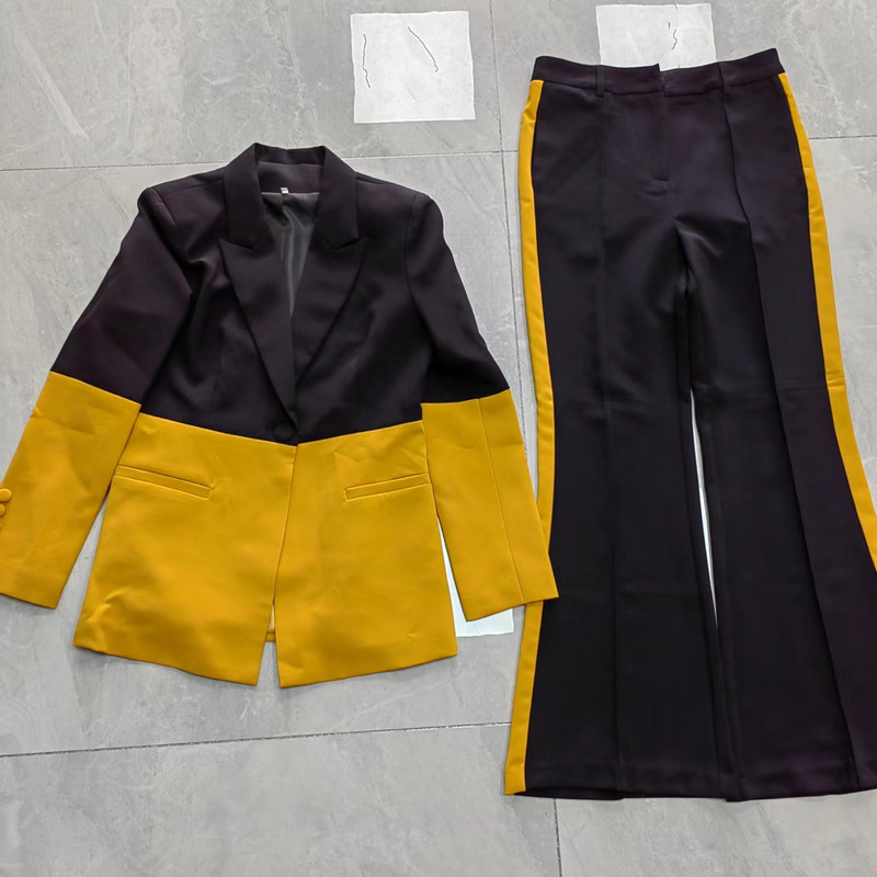 Kollane must lapiline bleiserülikond sügisestele naistele, õhuke mood, smoking, 2-osaline komplekt, laia säärega püksid, vabaaja ülikond
