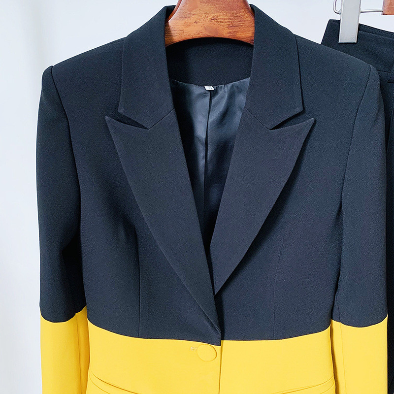 Kollane must lapiline bleiserülikond sügisestele naistele, õhuke mood, smoking, 2-osaline komplekt, laia säärega püksid, vabaaja ülikond