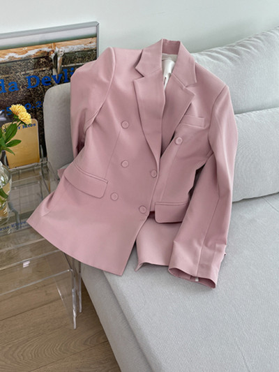 Costum cu pantaloni de birou pentru femei Blazer cu crestături dublu Costum cu mânecă lungă și pantaloni evazați Set de blazer pentru damă