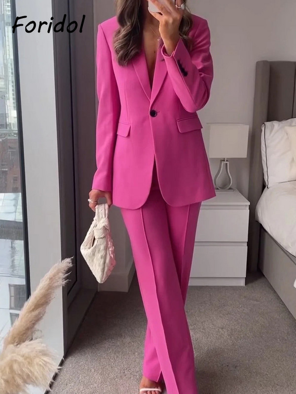 Foridol Μονό κουμπί Ροζ Κόκκινο Νέα μόδα Σετ παντελόνι γραφείου Streetwear Πράσινα γυναικεία ρούχα 2 τμχ Μπλέιζερ Παντελόνι Κοστούμια Άνοιξη 2023