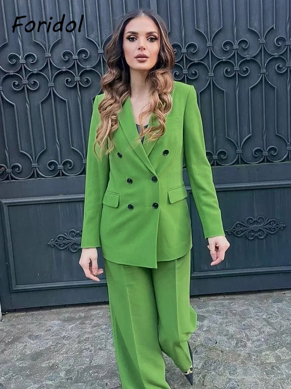 Foridol Μονό κουμπί Ροζ Κόκκινο Νέα μόδα Σετ παντελόνι γραφείου Streetwear Πράσινα γυναικεία ρούχα 2 τμχ Μπλέιζερ Παντελόνι Κοστούμια Άνοιξη 2023
