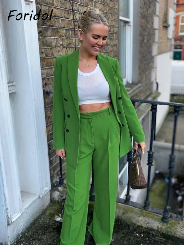 Foridol Μονό κουμπί Ροζ Κόκκινο Νέα μόδα Σετ παντελόνι γραφείου Streetwear Πράσινα γυναικεία ρούχα 2 τμχ Μπλέιζερ Παντελόνι Κοστούμια Άνοιξη 2023