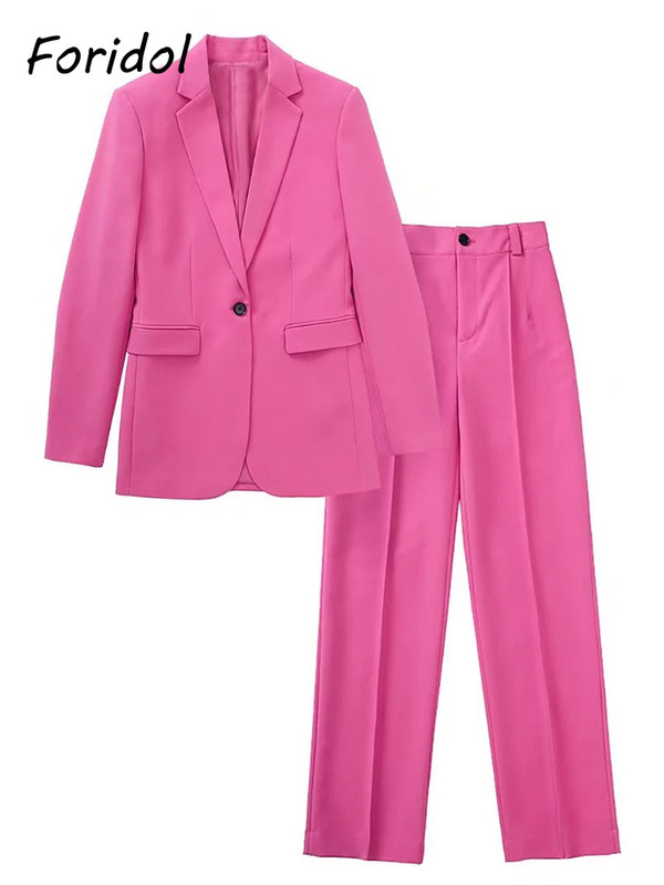 Foridol Μονό κουμπί Ροζ Κόκκινο Νέα μόδα Σετ παντελόνι γραφείου Streetwear Πράσινα γυναικεία ρούχα 2 τμχ Μπλέιζερ Παντελόνι Κοστούμια Άνοιξη 2023
