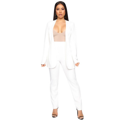 Naiste kontoriülikond Fashion Blazer Pantsuit Lihtne ühevärviline ülikond, krae pikkade varrukatega + püksid Mujer Ensemble Femme 2 tükki