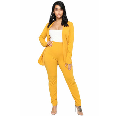 Naiste kontoriülikond Fashion Blazer Pantsuit Lihtne ühevärviline ülikond, krae pikkade varrukatega + püksid Mujer Ensemble Femme 2 tükki