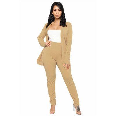 Naiste kontoriülikond Fashion Blazer Pantsuit Lihtne ühevärviline ülikond, krae pikkade varrukatega + püksid Mujer Ensemble Femme 2 tükki