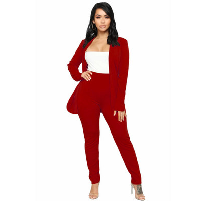 Naiste kontoriülikond Fashion Blazer Pantsuit Lihtne ühevärviline ülikond, krae pikkade varrukatega + püksid Mujer Ensemble Femme 2 tükki