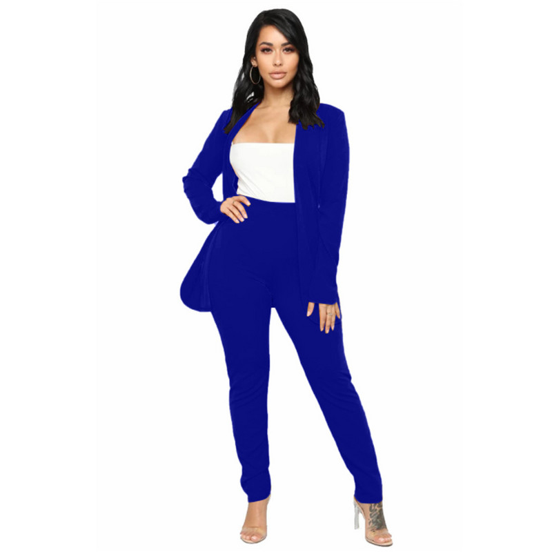 Naiste kontoriülikond Fashion Blazer Pantsuit Lihtne ühevärviline ülikond, krae pikkade varrukatega + püksid Mujer Ensemble Femme 2 tükki