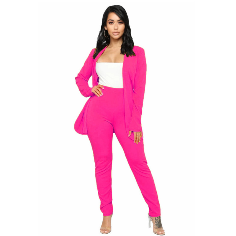 Naiste kontoriülikond Fashion Blazer Pantsuit Lihtne ühevärviline ülikond, krae pikkade varrukatega + püksid Mujer Ensemble Femme 2 tükki