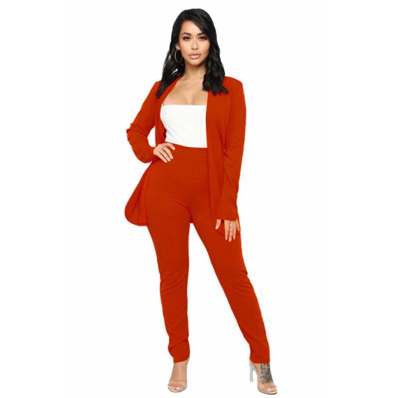 Naiste kontoriülikond Fashion Blazer Pantsuit Lihtne ühevärviline ülikond, krae pikkade varrukatega + püksid Mujer Ensemble Femme 2 tükki