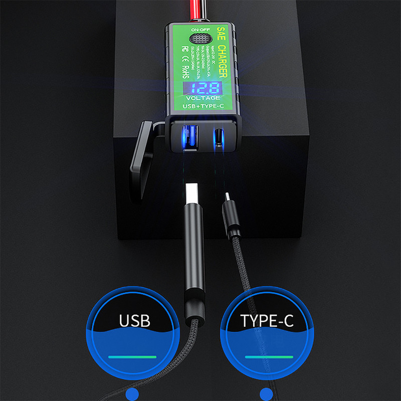 Adaptor de încărcare rapidă 12V SAE la USB dublu pentru telefon Încărcător USB pentru motociclete cu comutator pornit/oprit voltmetru 3.1A/4.8A TIP-C