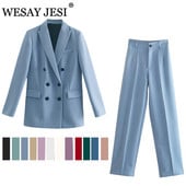 WESAY JESI Γυναικείο μπλέιζερ κοστούμι γραφείου κοστούμι παντελόνι απλό μονόχρωμο κοστούμι γιακά μακρυμάνικο + παντελόνι 2 τεμάχια σετ μπλέιζερ