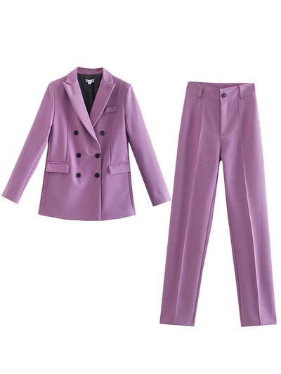 WESAY JESI Γυναικείο μπλέιζερ κοστούμι γραφείου κοστούμι παντελόνι απλό μονόχρωμο κοστούμι γιακά μακρυμάνικο + παντελόνι 2 τεμάχια σετ μπλέιζερ