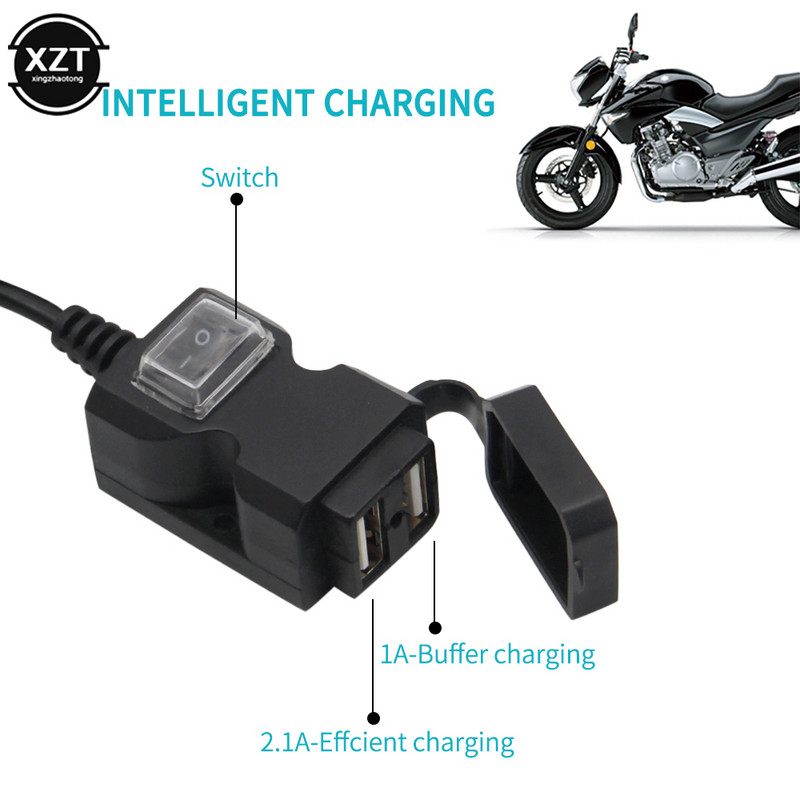 Încărcător cu două porturi USB pentru telefon mobil Încărcător pentru ghidon motocicletă, impermeabil, 5V 1A/2.1A, adaptor priză de alimentare