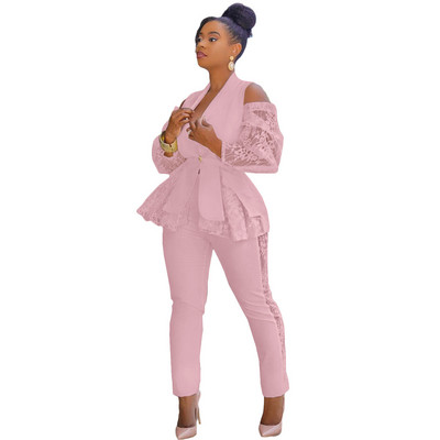 2022 Costume pentru femei Seturi de birou cu decolteu în V patchwork cu umăr rece mâneci din dantelă Blazer Costum cu pantaloni lungi ținută de birou casual Set pentru femei