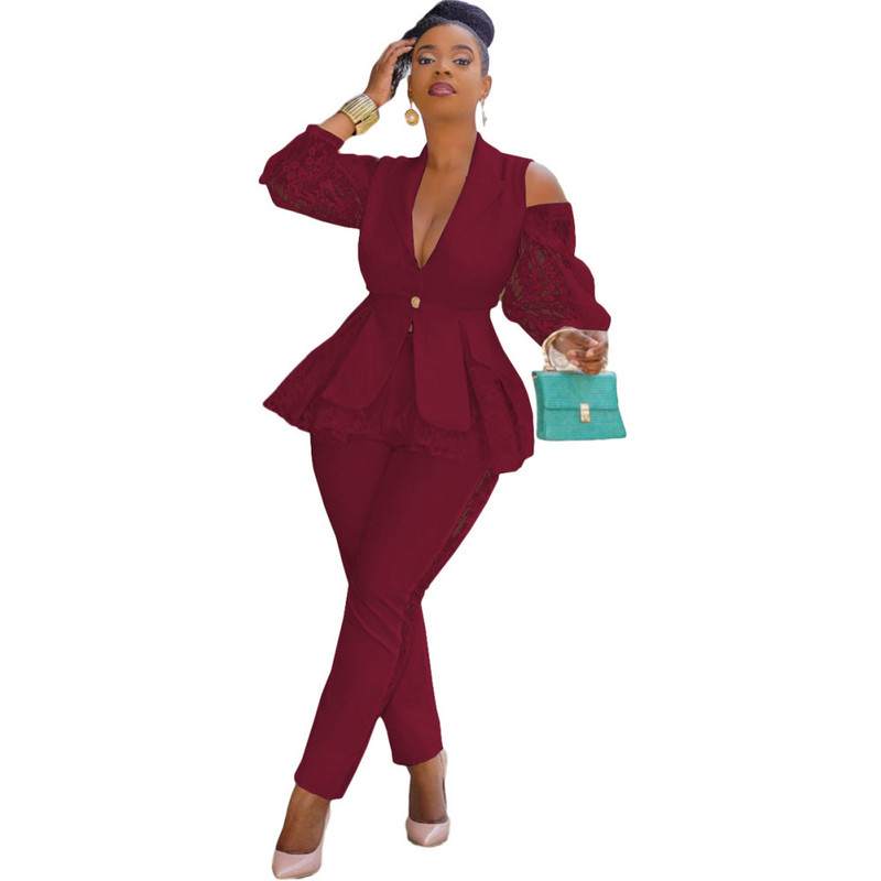 2022 Costume pentru femei Seturi de birou cu decolteu în V patchwork cu umăr rece mâneci din dantelă Blazer Costum cu pantaloni lungi ținută de birou casual Set pentru femei
