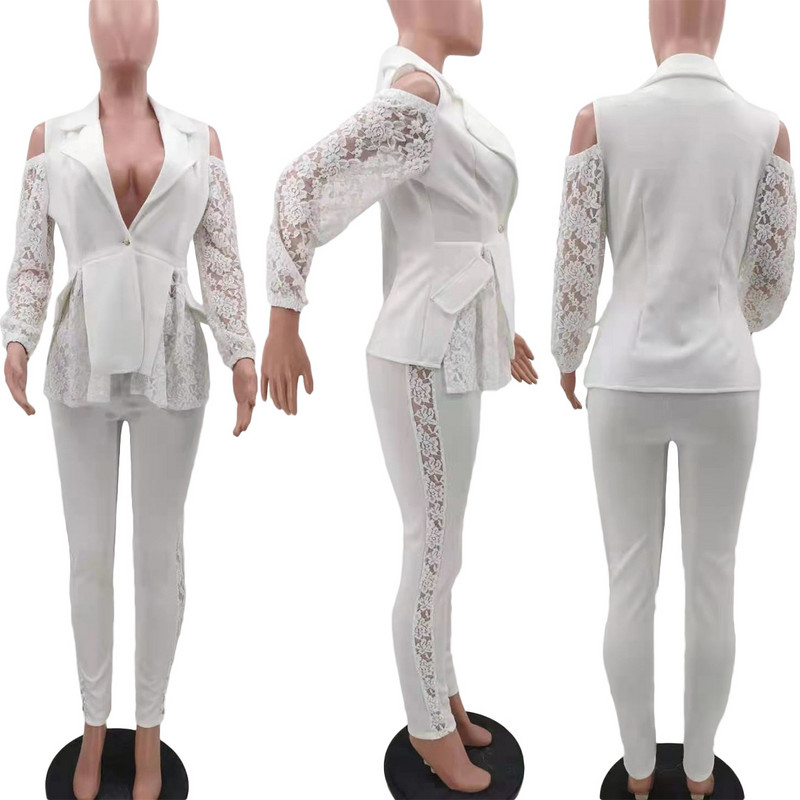 2022 Costume pentru femei Seturi de birou cu decolteu în V patchwork cu umăr rece mâneci din dantelă Blazer Costum cu pantaloni lungi ținută de birou casual Set pentru femei