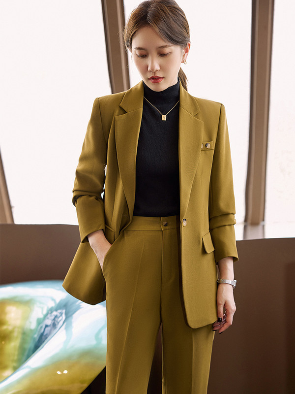 Roosa, must kollane naiste pükskostüüm, pidulik 2-osaline bleiseri jakk ja püksid naiste töörõivastele