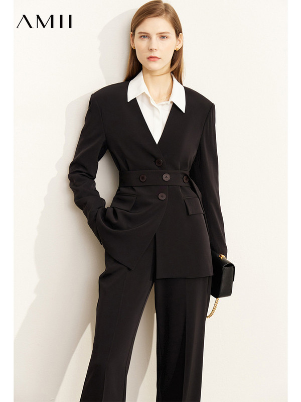 AMII Minimālisms Rudens Anglijas Stils Sieviešu jaka Izgriezums Viduklis Plāns Blazer Solid Ikdienas Platas Bikses Sieviešu Apģērbs 12240905