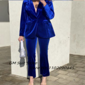 Costume de damă Blazer cu pantaloni catifea evază cu talie înaltă haine de primăvară pentru damă Pantaloni elastici Moda casual Seturi de albastru regal