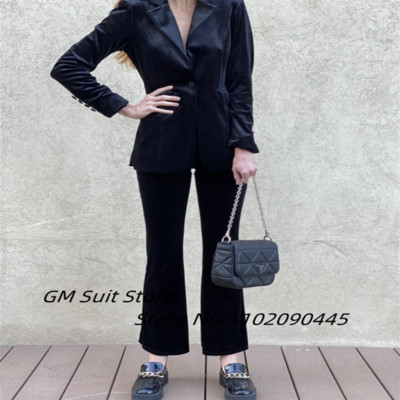 Costume de damă Blazer cu pantaloni catifea evază cu talie înaltă haine de primăvară pentru damă Pantaloni elastici Moda casual Seturi de albastru regal