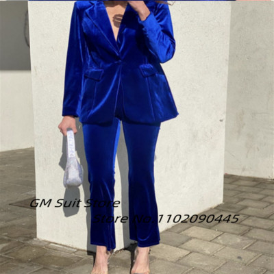 Costume de damă Blazer cu pantaloni catifea evază cu talie înaltă haine de primăvară pentru damă Pantaloni elastici Moda casual Seturi de albastru regal