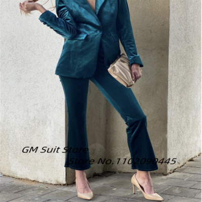 Costume de damă Blazer cu pantaloni catifea evază cu talie înaltă haine de primăvară pentru damă Pantaloni elastici Moda casual Seturi de albastru regal