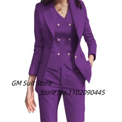 Costum elegant 2022 pentru damă, set de 3 (jachetă + pantaloni + vestă) Blazer cu nasturi cu rever, culoare uni, la două piept, haină de afaceri