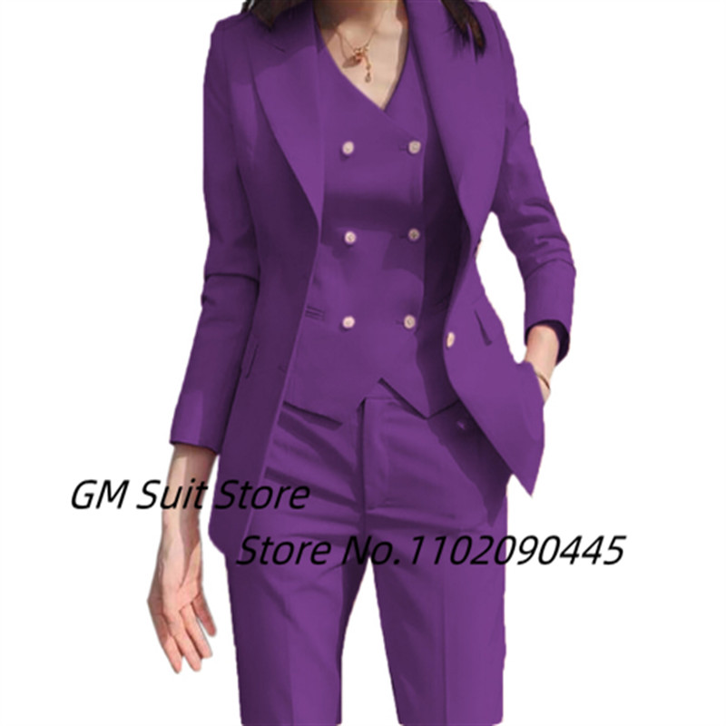 Costum elegant 2022 pentru damă, set de 3 (jachetă + pantaloni + vestă) Blazer cu nasturi cu rever, culoare uni, la două piept, haină de afaceri