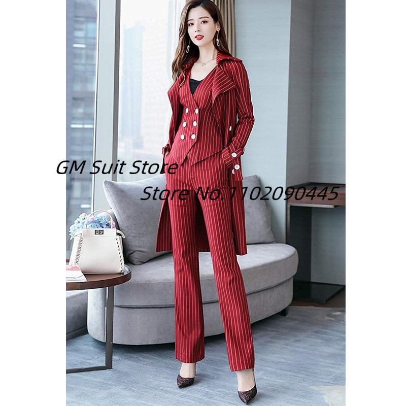 Naiste 3-osaline kontoriülikonna komplekt Stripes Slim Fit bleiseripüksid, pidulikud pükskostüümid