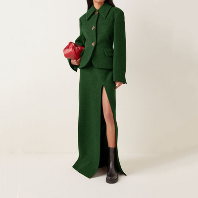 Moda dame trei nasturi de culoare solida lana business subtire din doua piese rever cu rever formala birou rochie lunga cu fanta pentru dama 2022