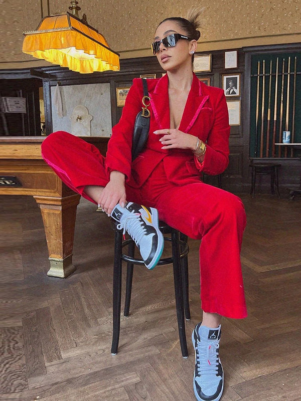 Δωρεάν αποστολή Red Velvet Blazer Pantssuits Σετ δύο τεμαχίων OL Γυναικεία Κομψό Λεπτό Επαγγελματικό Μπουφάν με Μονό κουμπί Γραφείο Νέο Σετ παντελονιού