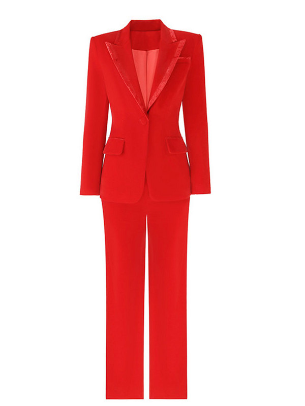 Δωρεάν αποστολή Red Velvet Blazer Pantssuits Σετ δύο τεμαχίων OL Γυναικεία Κομψό Λεπτό Επαγγελματικό Μπουφάν με Μονό κουμπί Γραφείο Νέο Σετ παντελονιού