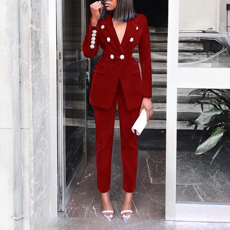 Costum Blazer Elegant din Două Piese Femei Costume Casual Streetwear Set Blazer Femeie Chic Office Damă Costum Palton Femei albastru