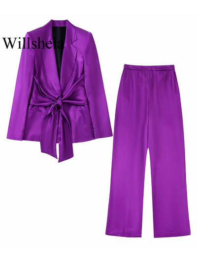 Willshela naiste mood, 2-osaline ülikond, siidist vööga bleiser ja vintage kõrge elastse vöökohaga püksid, naiste kontori naiste bleiserite pükste komplekt